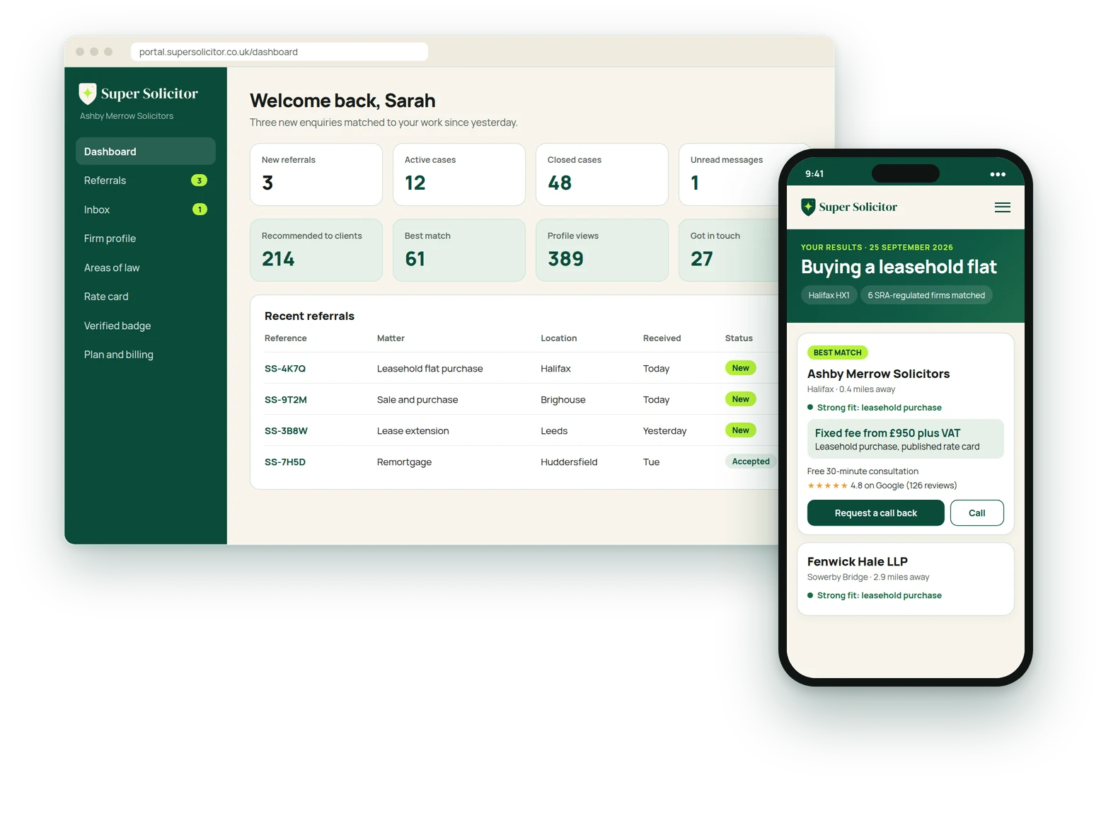 The Super Solicitor portal dashboard showing new referrals, next to a client's results page on a phone